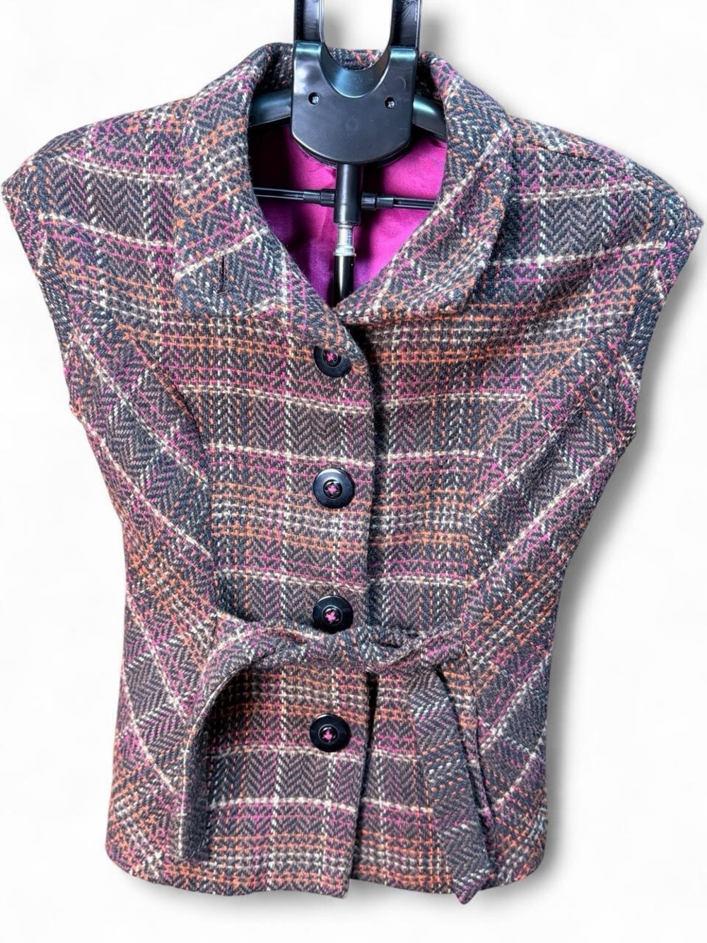 CAbi Cinch It Up Tweed Vest S Brown Pink Plaid Wool Blend Belted #691